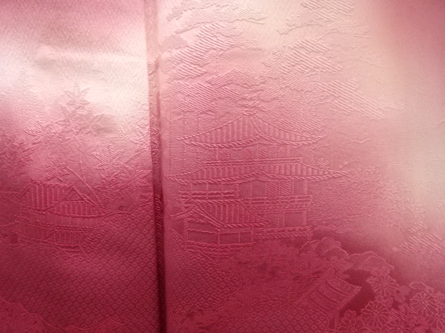  橋に寺塔風景模様織出し暈し付け下げ色無地着物